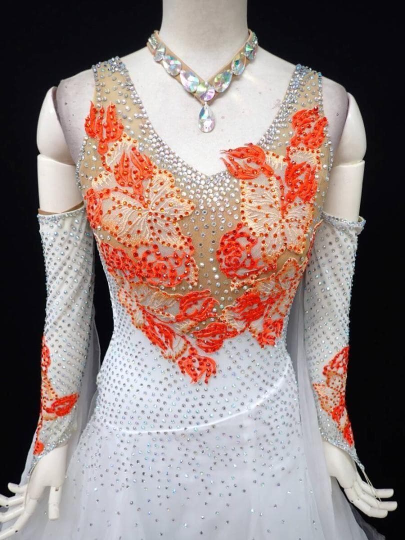 6353★オフ白×オレンジ/チュール/ワンピ/スタンダードドレス☆社交ダンス