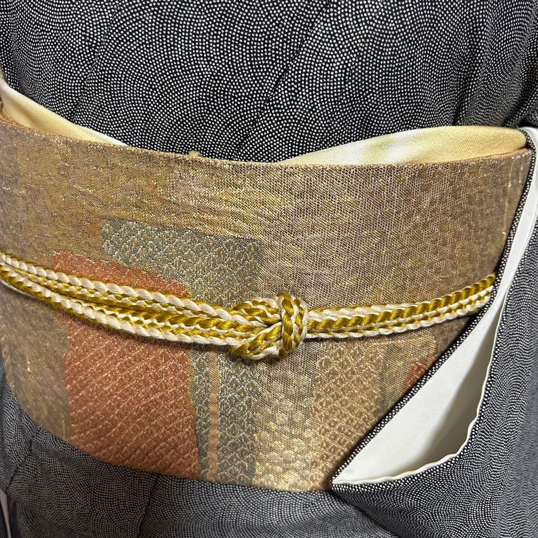 美品　袷　正絹　紋付　縮緬　鮫小紋　江戸小紋　フルセット　西陣唐織金箔袋帯