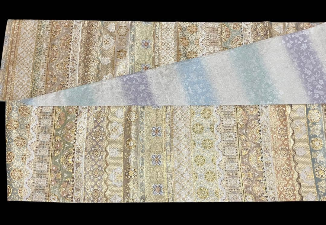 ツーシーズンリバーシブル袋帯 全通柄 正絹 正倉院百彩文 未使用に近いイ6524