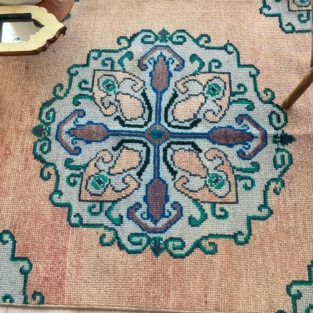 コーラルベージュ77×202グリーン　メダリオンランナー　トルコヴィンテージラグ