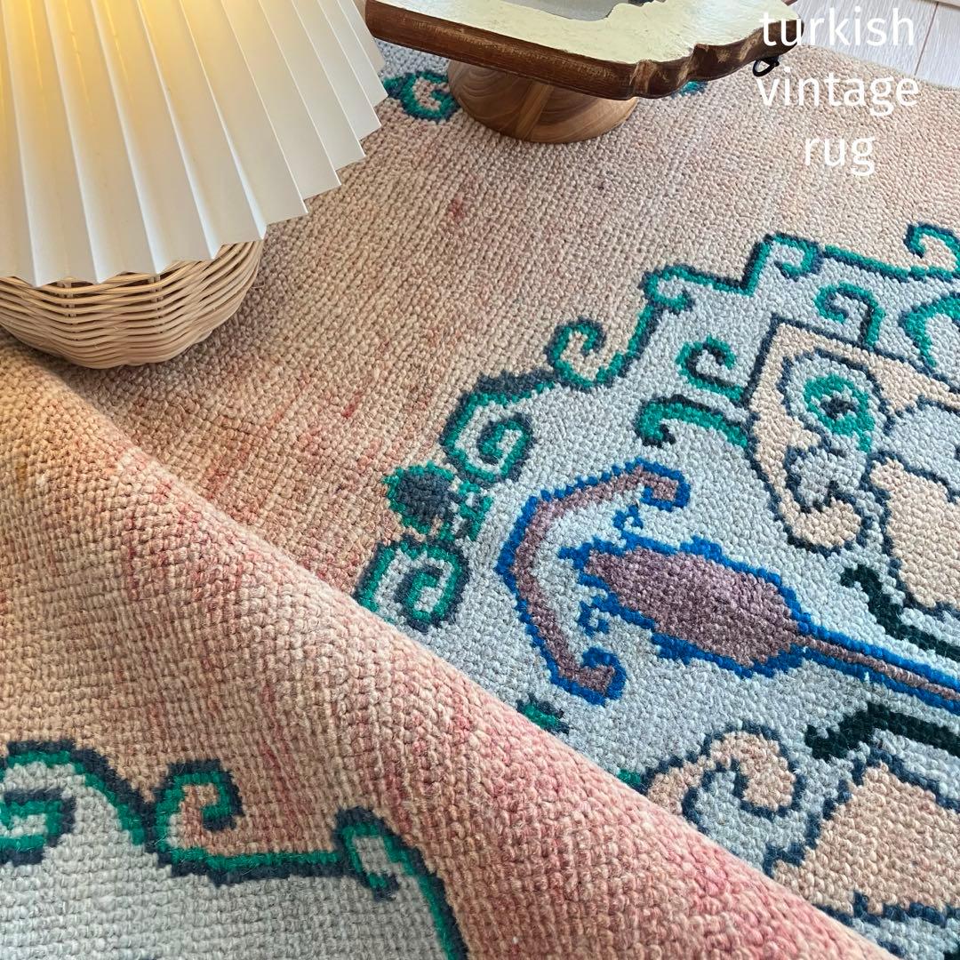 コーラルベージュ77×202グリーン　メダリオンランナー　トルコヴィンテージラグ