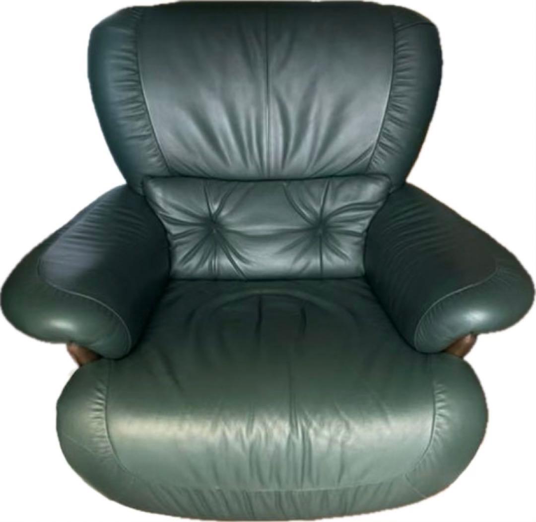 《 karimoku　カリモク 》1人掛けソファ　回転脚　グリーン　本革