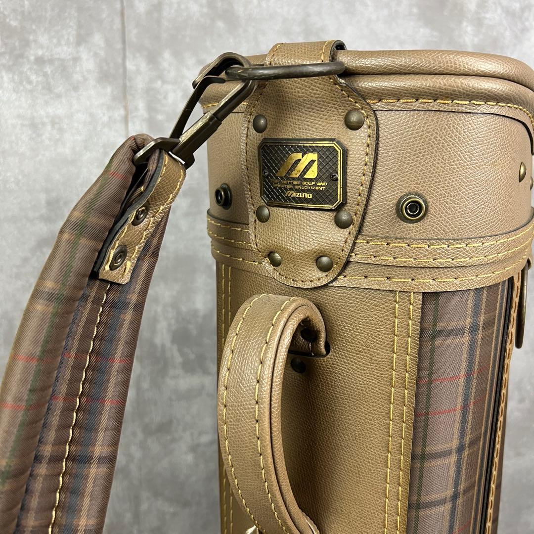 良品　ミズノ　キャディバッグ　3分割　カート式　チェック柄　一部レザー　チャーム