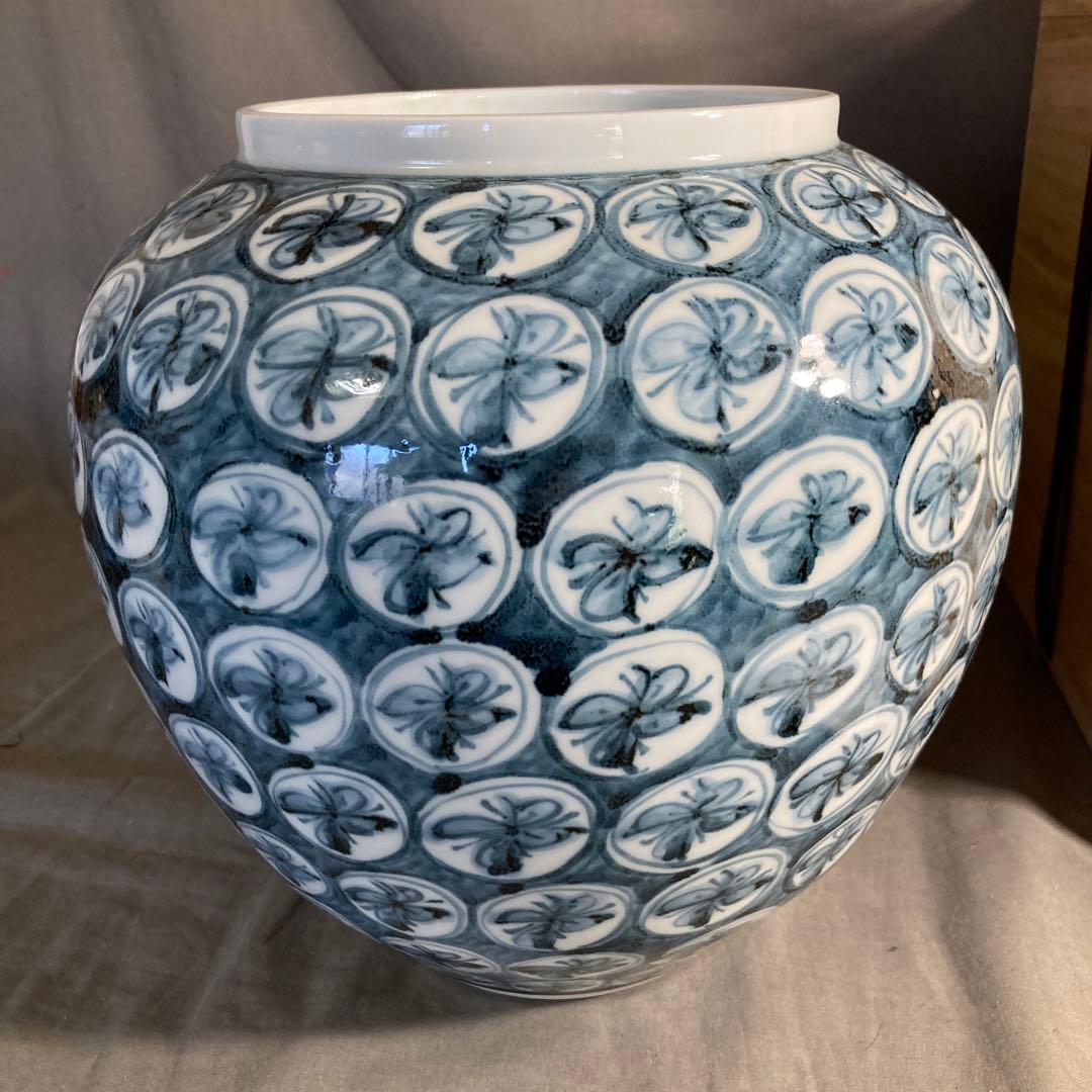 【青木龍山】文化勲章受章　日本芸術院会員　名窯　青木龍山作　染付丸花丸紋　花瓶