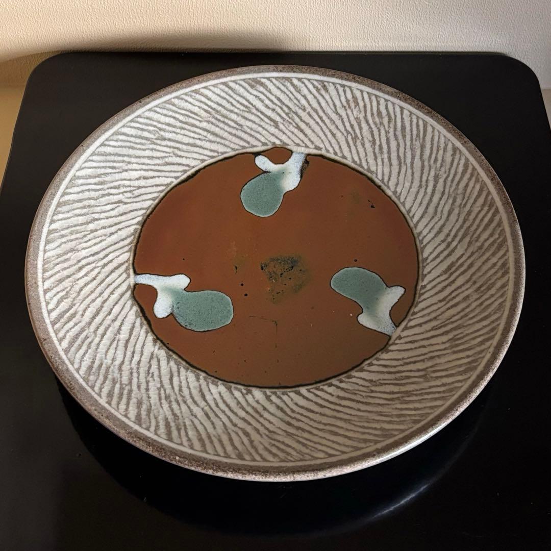 益子焼 島岡達三 象嵌皿 大皿 9寸皿 27.4cm 人間国宝 共箱