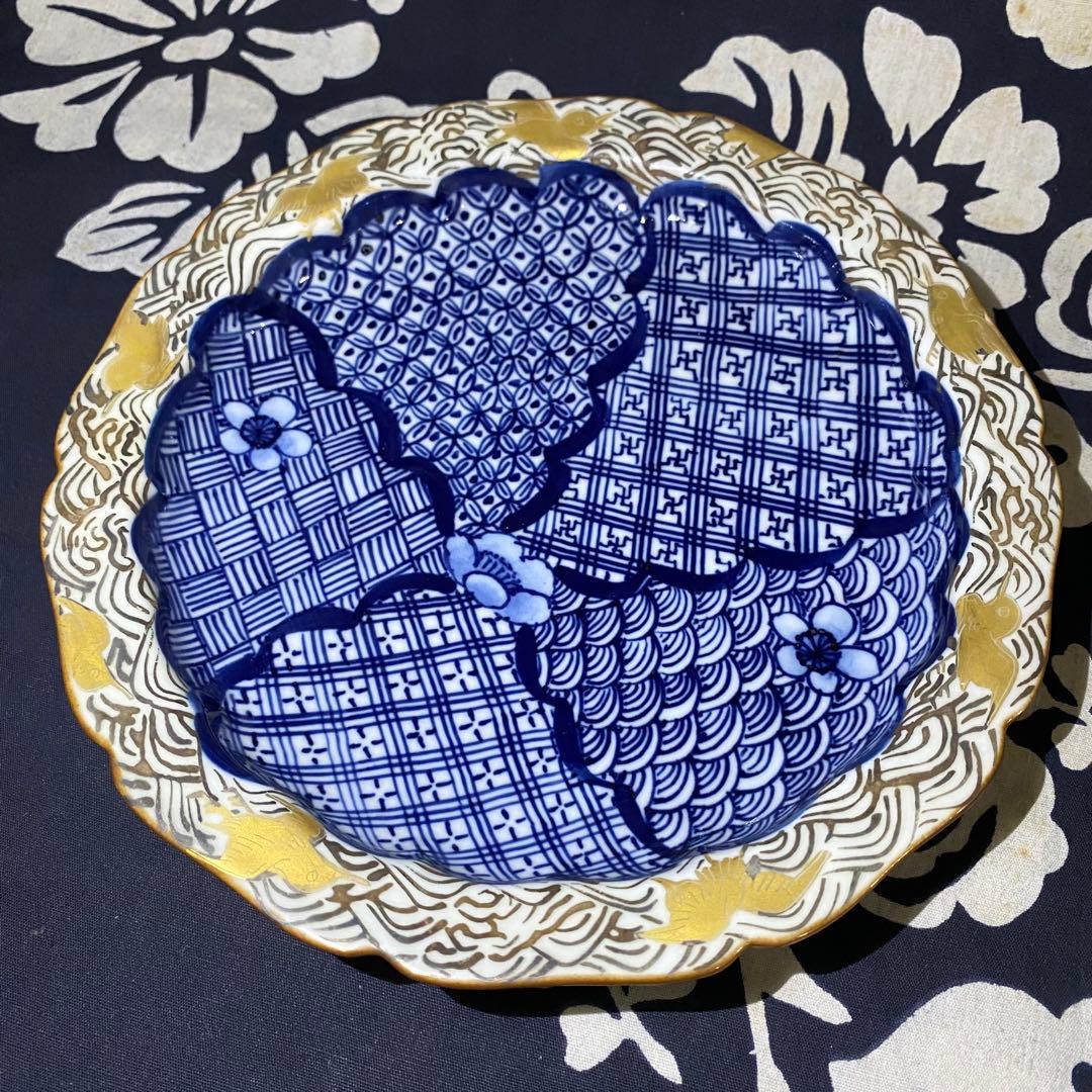 京焼　平安京泉　馬場京泉　祥瑞柄輪花皿　吉祥柄　金彩・銀彩　青海波・七宝・3枚