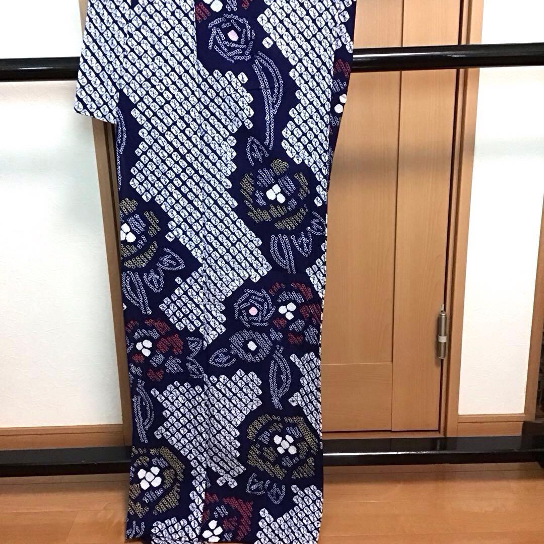 未使用☆本場有松絞り☆誂え浴衣☆紺色☆ばら☆身丈168☆裄丈68☆