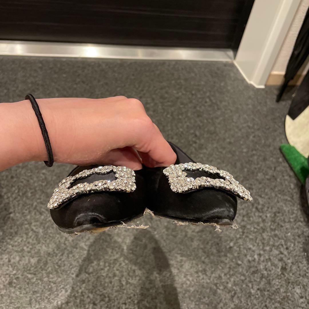 OHGA♡ビジュー付き黒サテンフラットシューズ♡