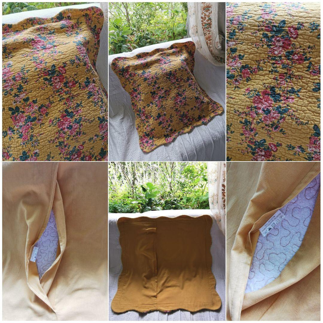 フランスヴィンテージ 絞り薔薇ファブリック ブティキルト風ラージクッションカバー