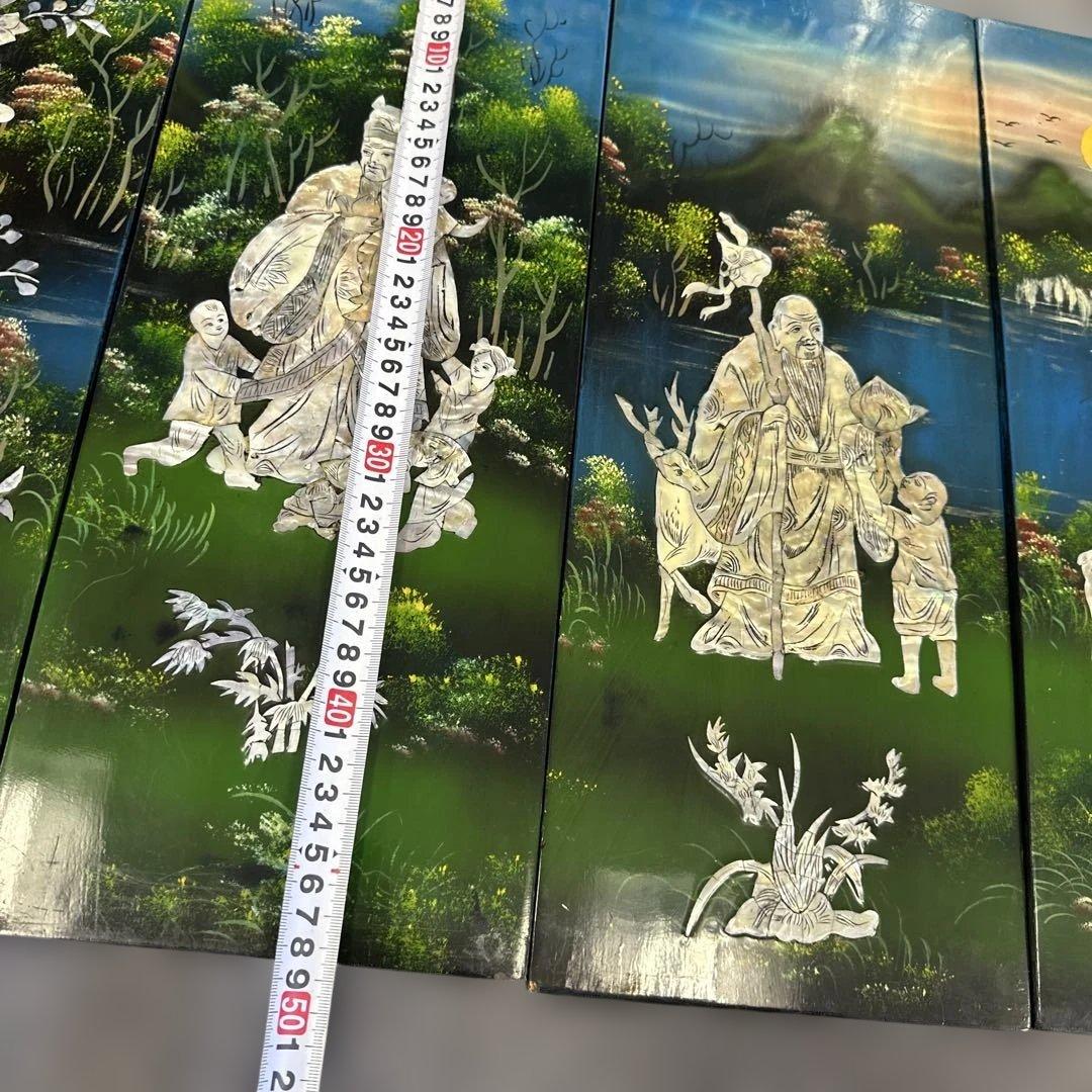 中国風 ，螺鈿細工，貝殻，四つのパネル，螺鈿細工，漆工，壁飾り，古美術品 ，漆芸