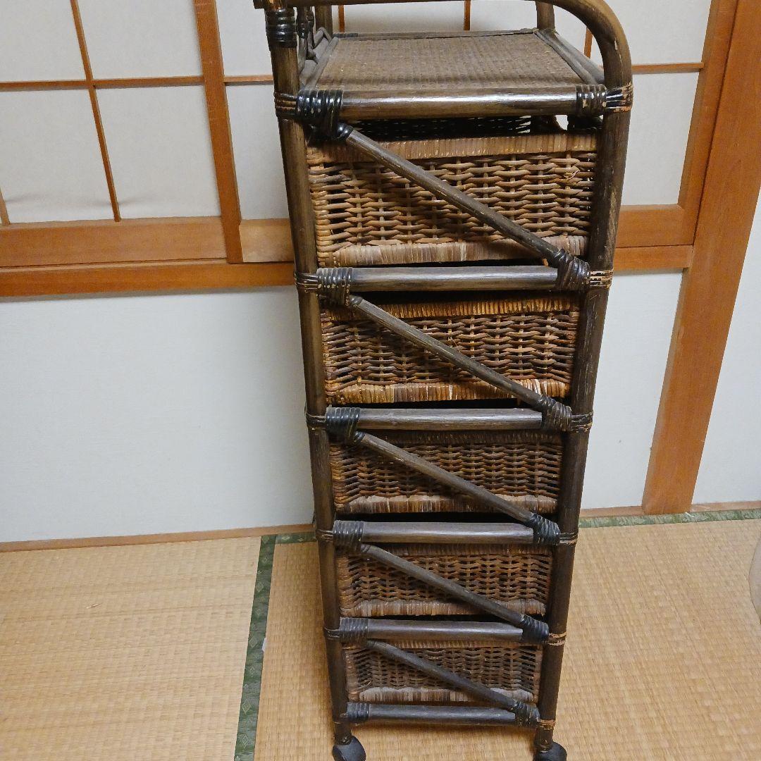 籐製 　ラタン　5段収納ラック キャスター付き　　ブラウン　レトロ