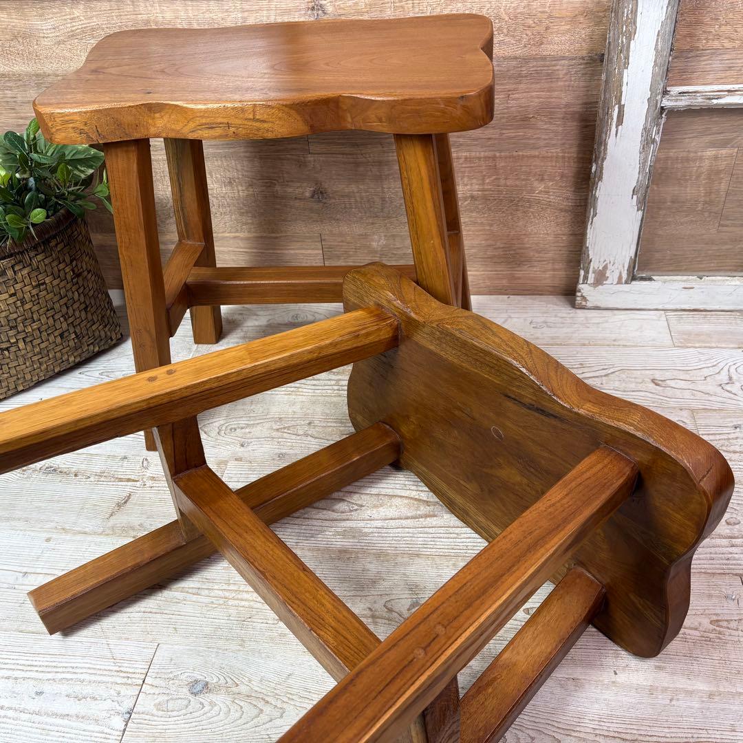 オールドチーク天然無垢材ベンチスツールワイド2点セットサイドテーブル飾り台置き台