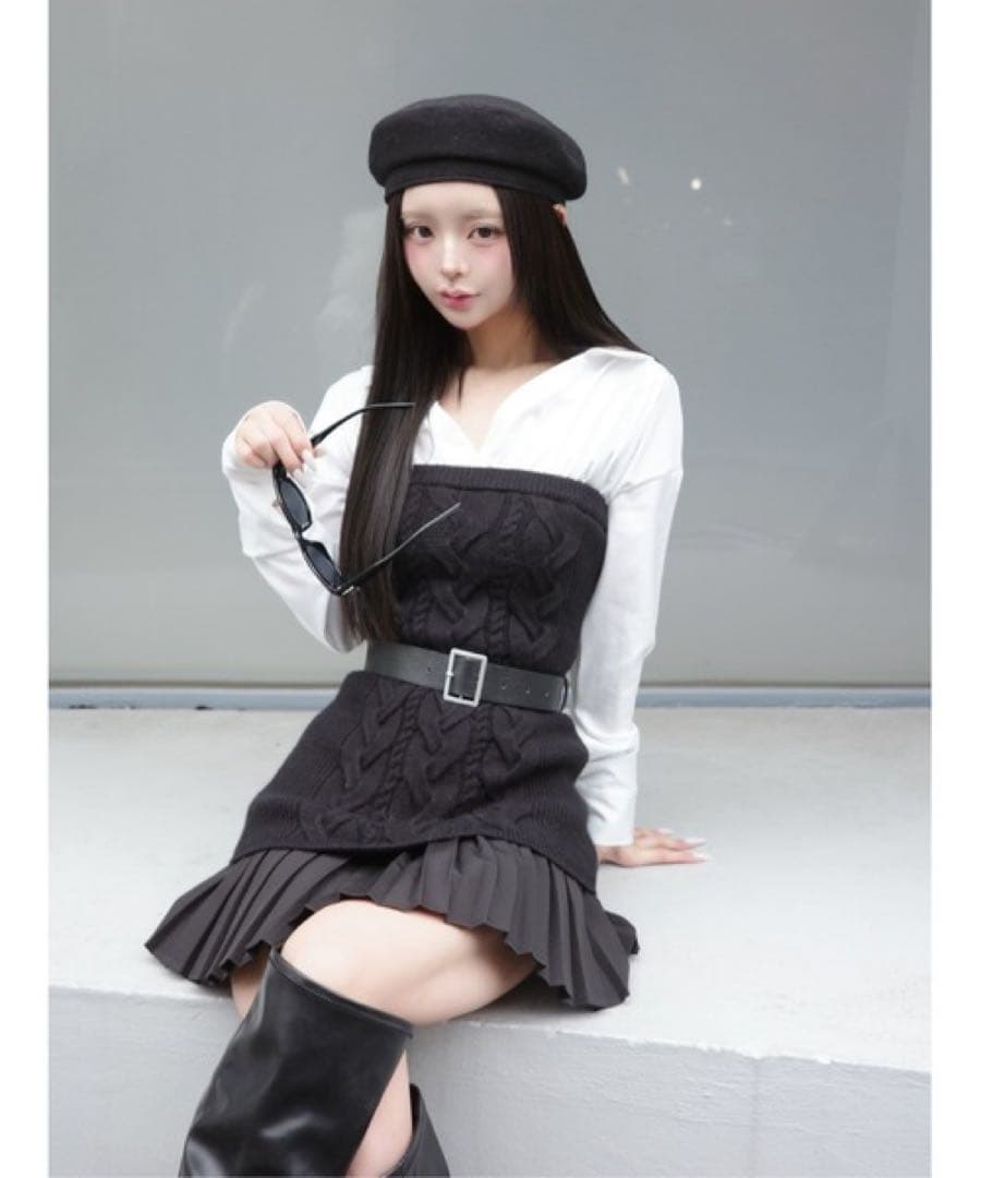 新品 Darich ダーリッチ シャツドッキングプリーツニットミニワンピース