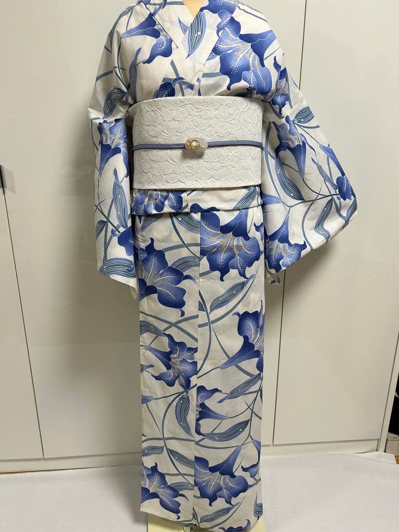 浴衣 ゆかた帯のセット販売白地にブルー 百合 ゆり 花柄 Lサイズ