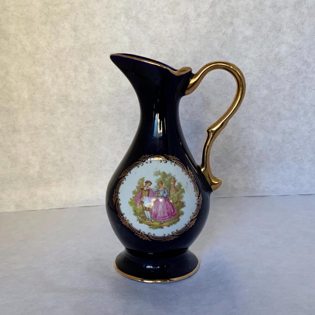 ヴィンテージ フランス リモージュ磁器 ブルー花瓶 ピッチャー、22K ゴールド