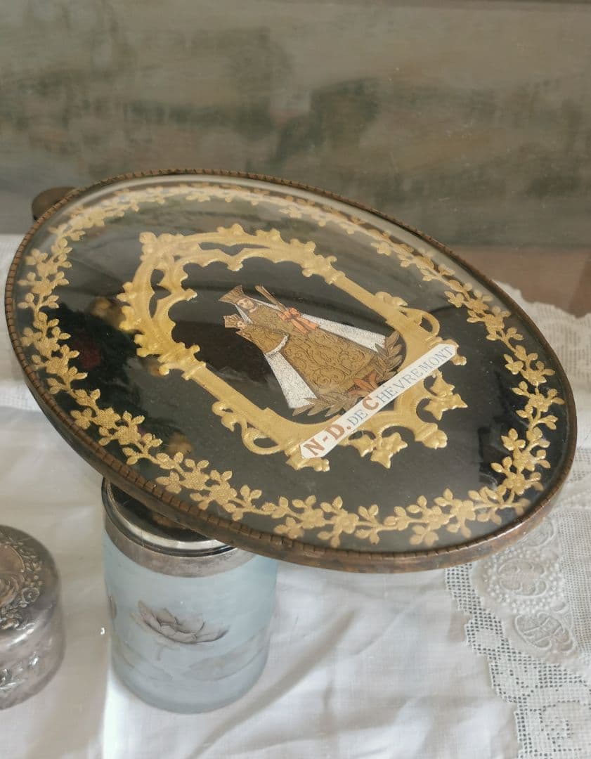 アンティークベルギー 聖母子の紙肖像イコン ボンベガラスドーム マリア イエス