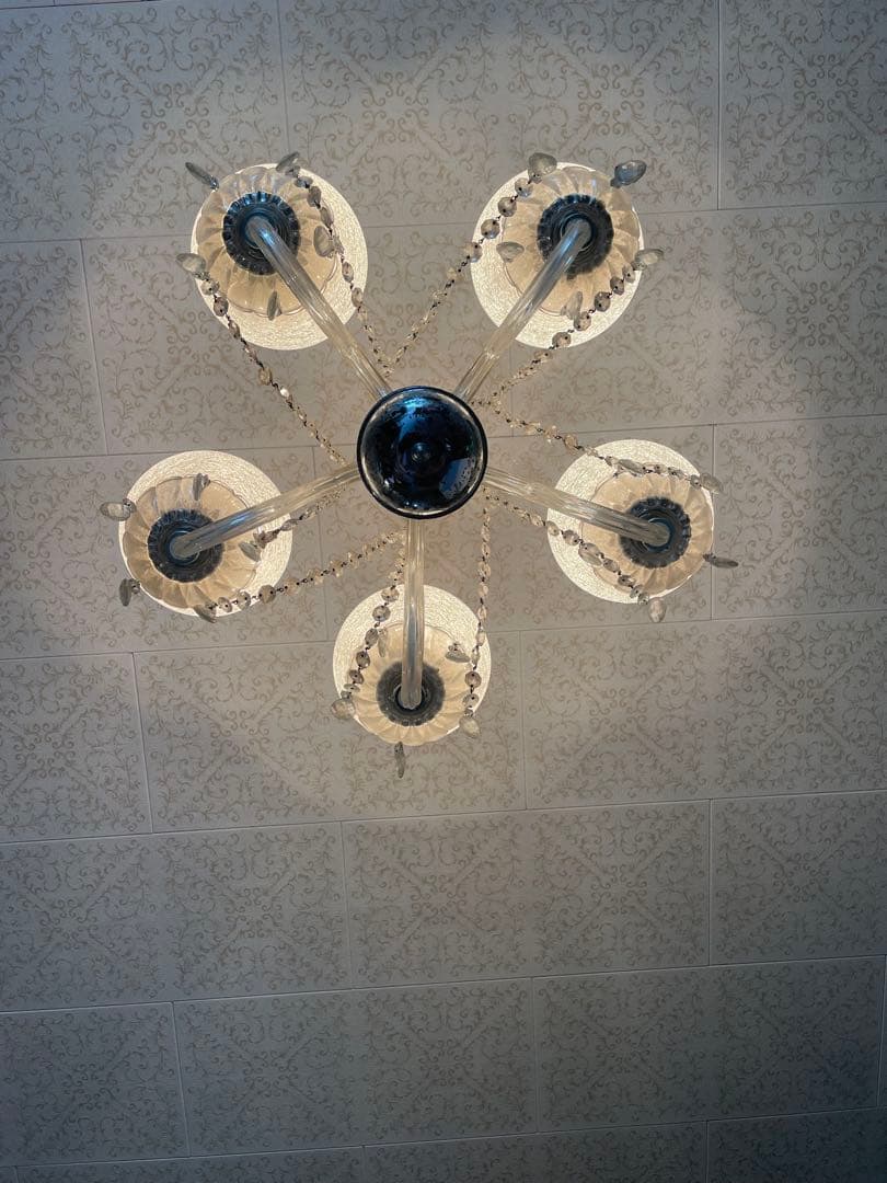 引取　引渡限定　昭和レトロ ヴィンテージ 5灯シャンデリア クラックルガラス