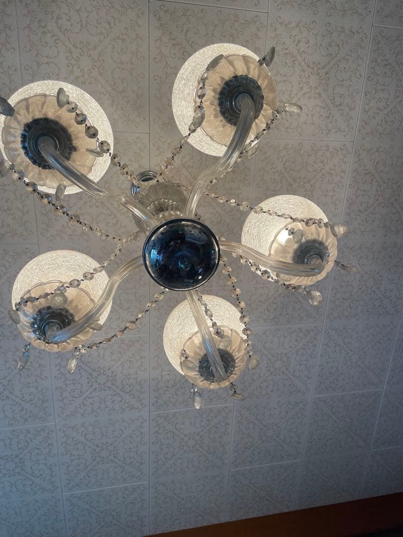 引取　引渡限定　昭和レトロ ヴィンテージ 5灯シャンデリア クラックルガラス