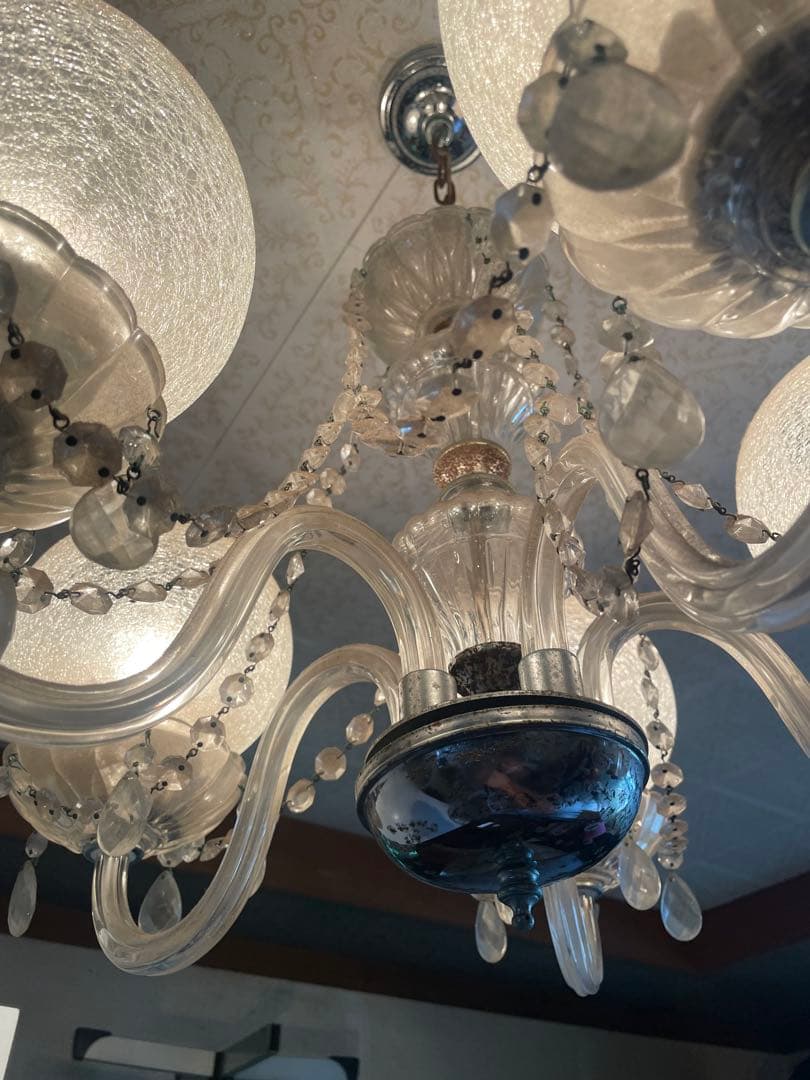 引取　引渡限定　昭和レトロ ヴィンテージ 5灯シャンデリア クラックルガラス