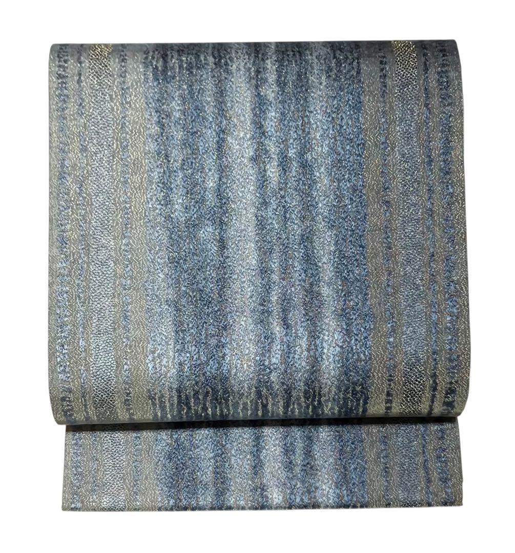 藍染 袋帯 全通柄 正絹 金通し 縦縞 未使用 イ6376