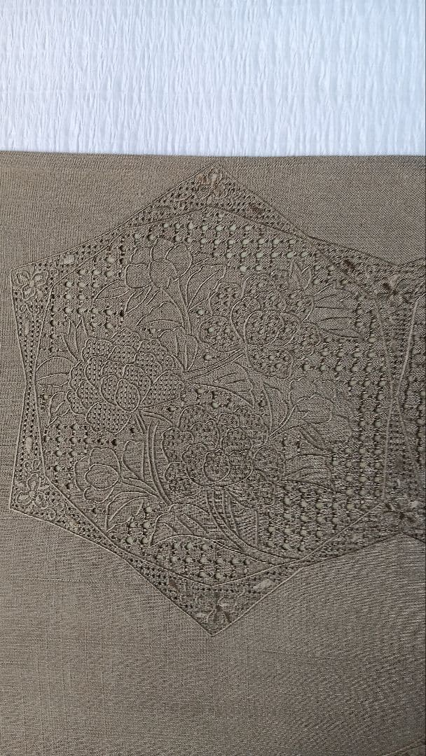 袋帯　スワトウ刺繍　紬地　正倉院花唐草文様　モスグリーン無地