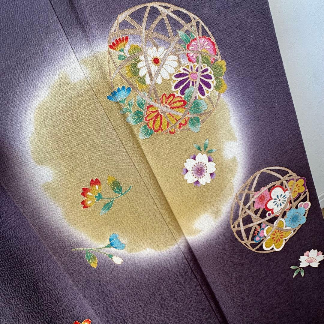 超美品　正絹　袷　訪問着　着物　168　裄70　ちりめん　金彩　紫　藤色　トール