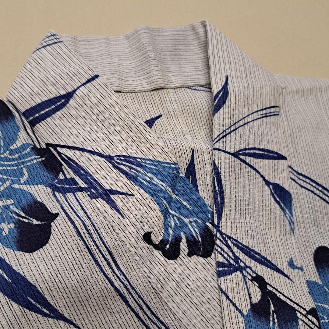 美品 本染め 浴衣　裄67 麻混　百合柄