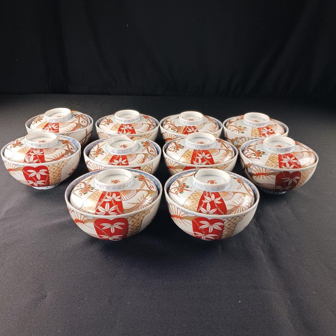 Y2794-2 伊万里 染錦 蓋茶碗 10客セット 共箱