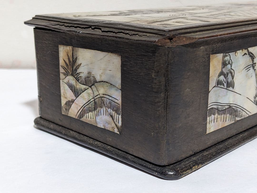 ⭐古美術品 清時代 中国 朝鮮 李朝 楼閣 橋人物図 螺鈿細工 手箱 骨董品