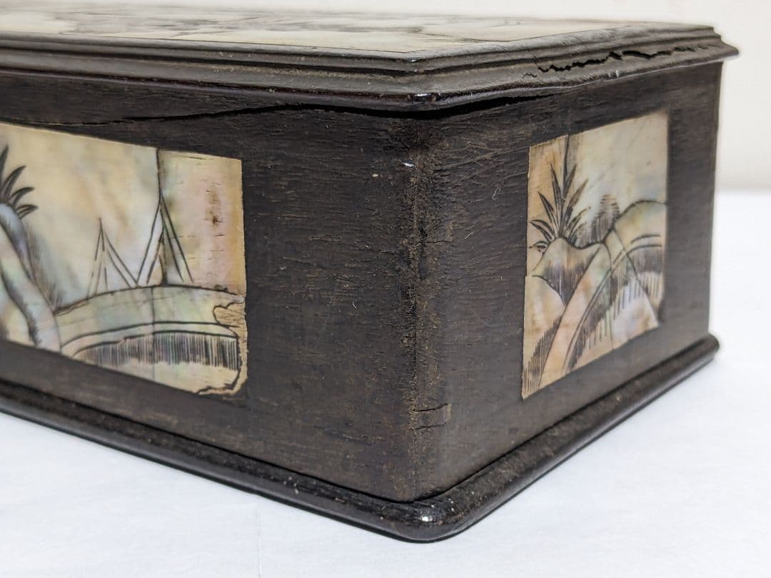 ⭐古美術品 清時代 中国 朝鮮 李朝 楼閣 橋人物図 螺鈿細工 手箱 骨董品