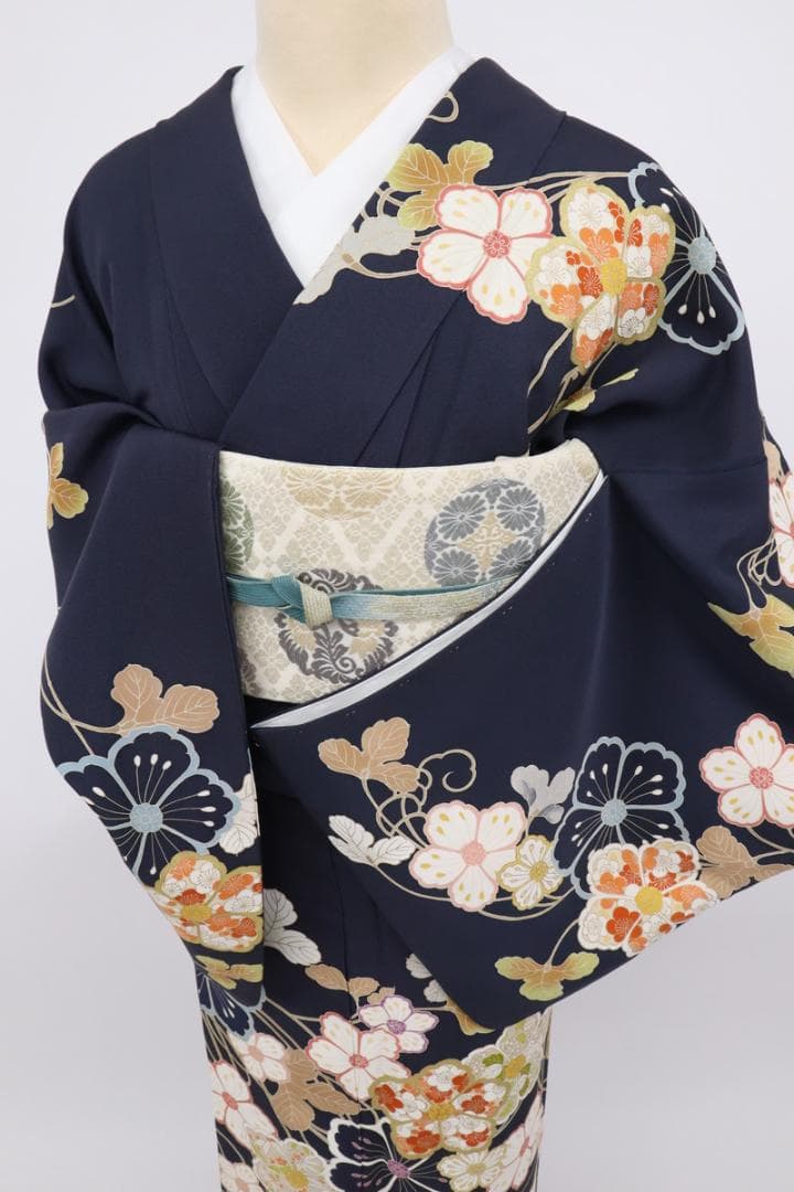 《st★長尺■訪問着■彩り花枠に吉祥文の花々植物■濃紺◆HA3-23》