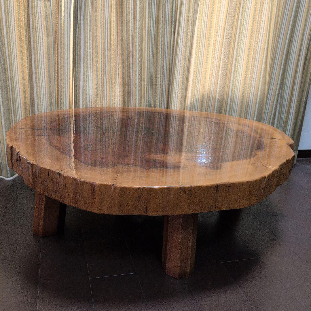 【高級】一枚板輪切り座卓　大株丸太1本木　年輪　天然木 光沢仕上げ