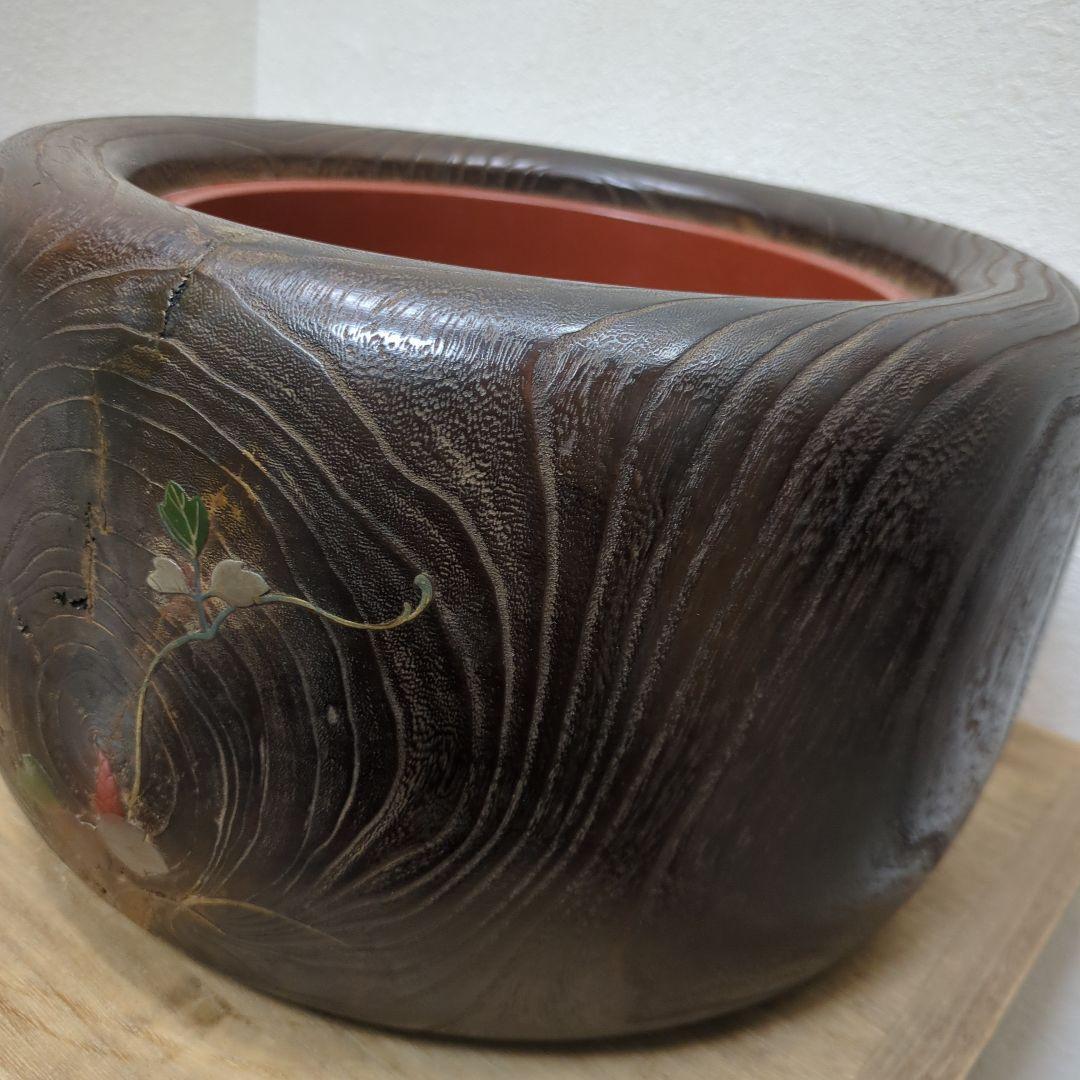 骨董　蒔絵　螺鈿　火鉢　桐　内側銅器　大型　花入　鉢カバー
