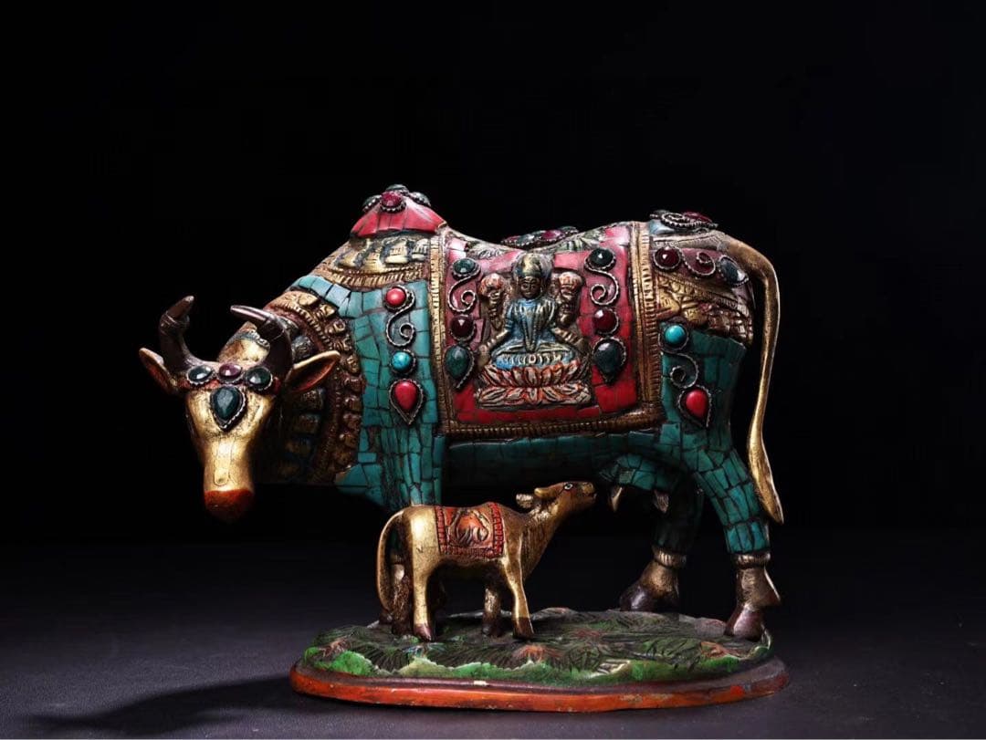 貴重品、旧蔵希少、精銅、象眼宝石、彩色蒔絵母子牛
