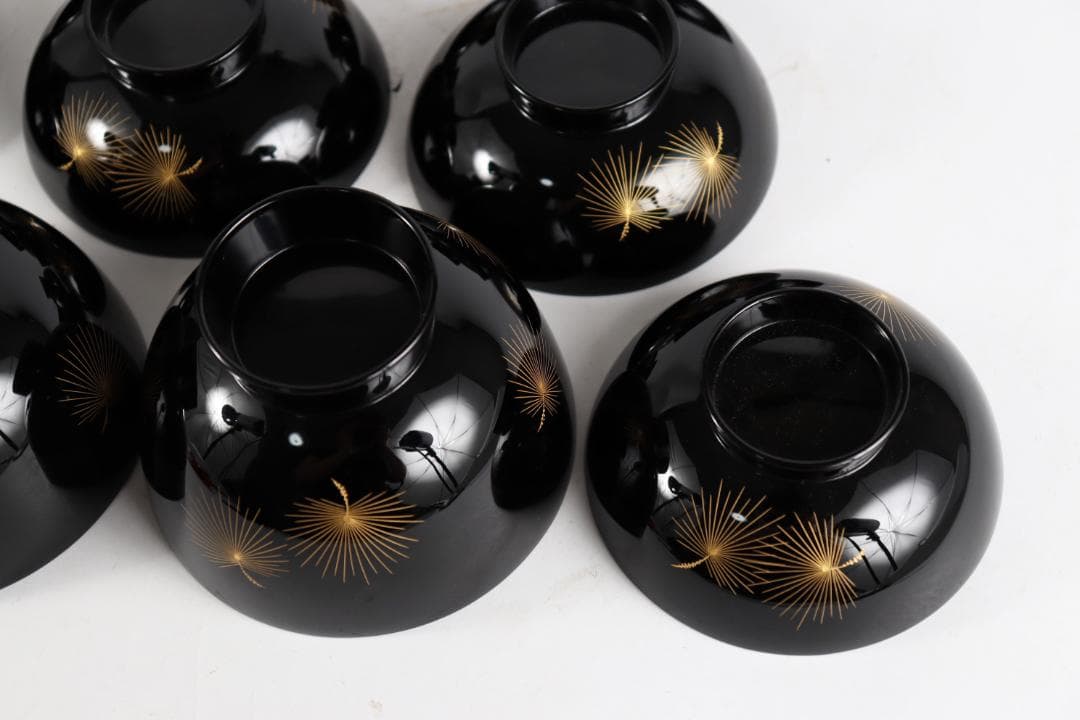 輪島塗 吸物椀 飛花沈金 高出英次　黒 5客　天然漆 天然木