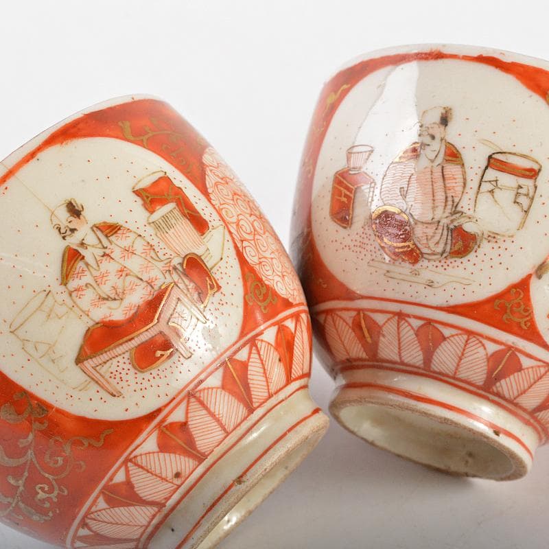 煎茶道具　九谷焼　赤絵金彩　人物花文　煎茶碗　五客　碗筒付　M　R7118