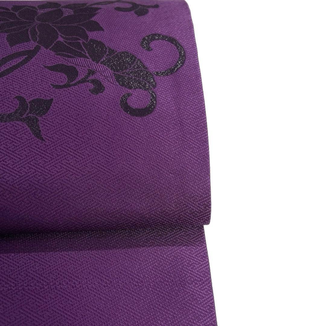 未着用　名古屋帯　唐花　唐草　紗綾形地紋　パープル　着物　094b d