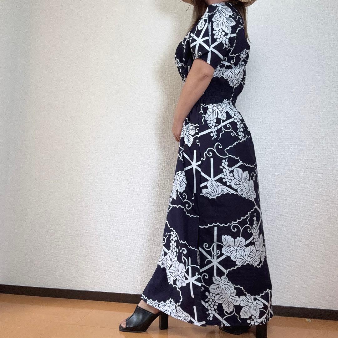 竺仙　浴衣　リメイク　コーマ地　ワンピース ハンドメイド　ロング　紺　葡萄