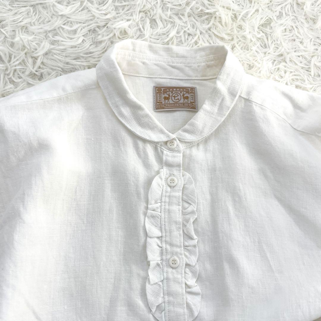 中川政七商店 手織り麻を使ったフリルシャツ ホワイト 丸襟 リネン 麻