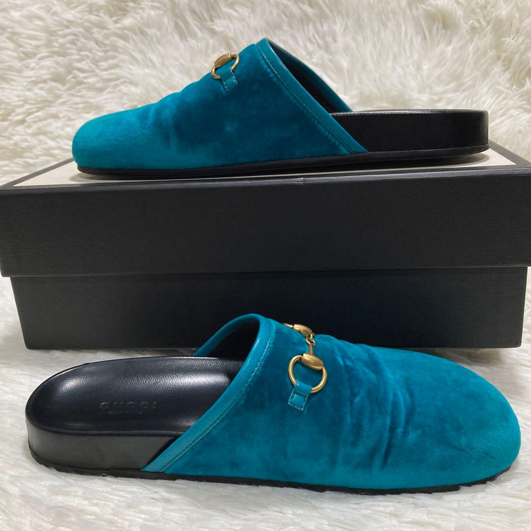 GUCCI グッチ　ホースビット　37 ベロア　サボ　サンダル　ミュール　ブルー