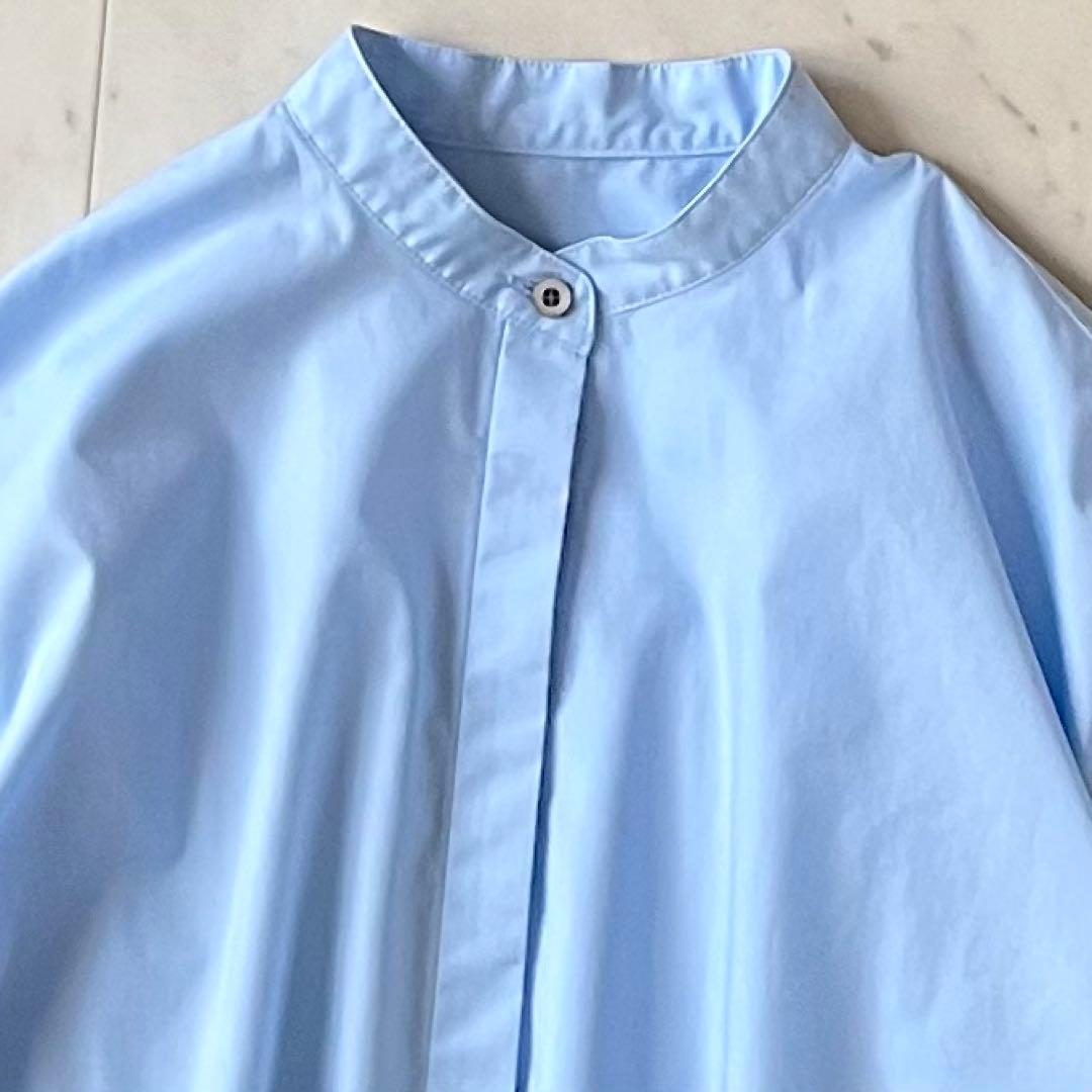 極美品♪ルフィル バックギャザーバンドカラーブラウス F ブルー ボリューム袖