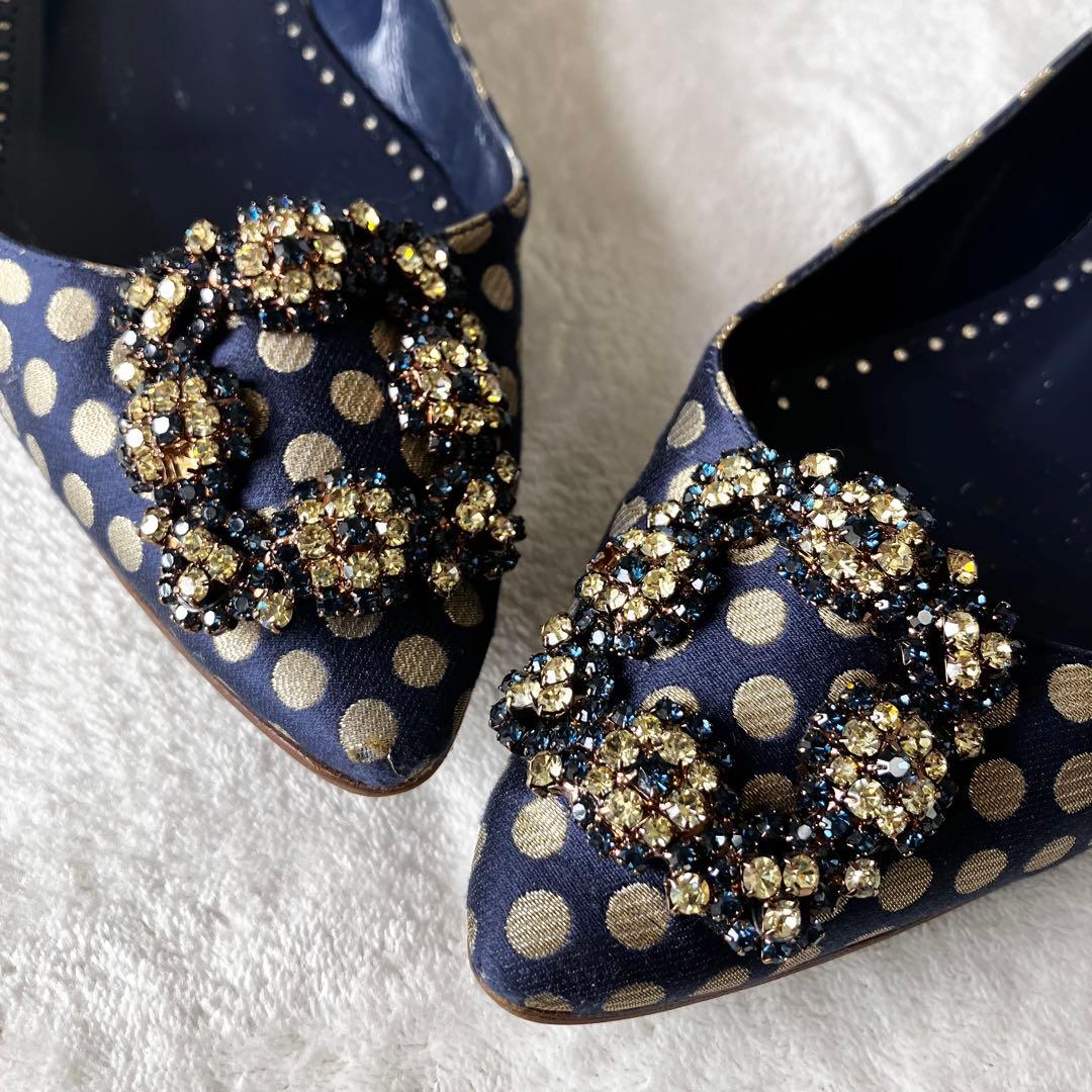 ★美品★マノロブラニク　パンプス　バレエフラット　ハンギシ　ドット　サテン　37