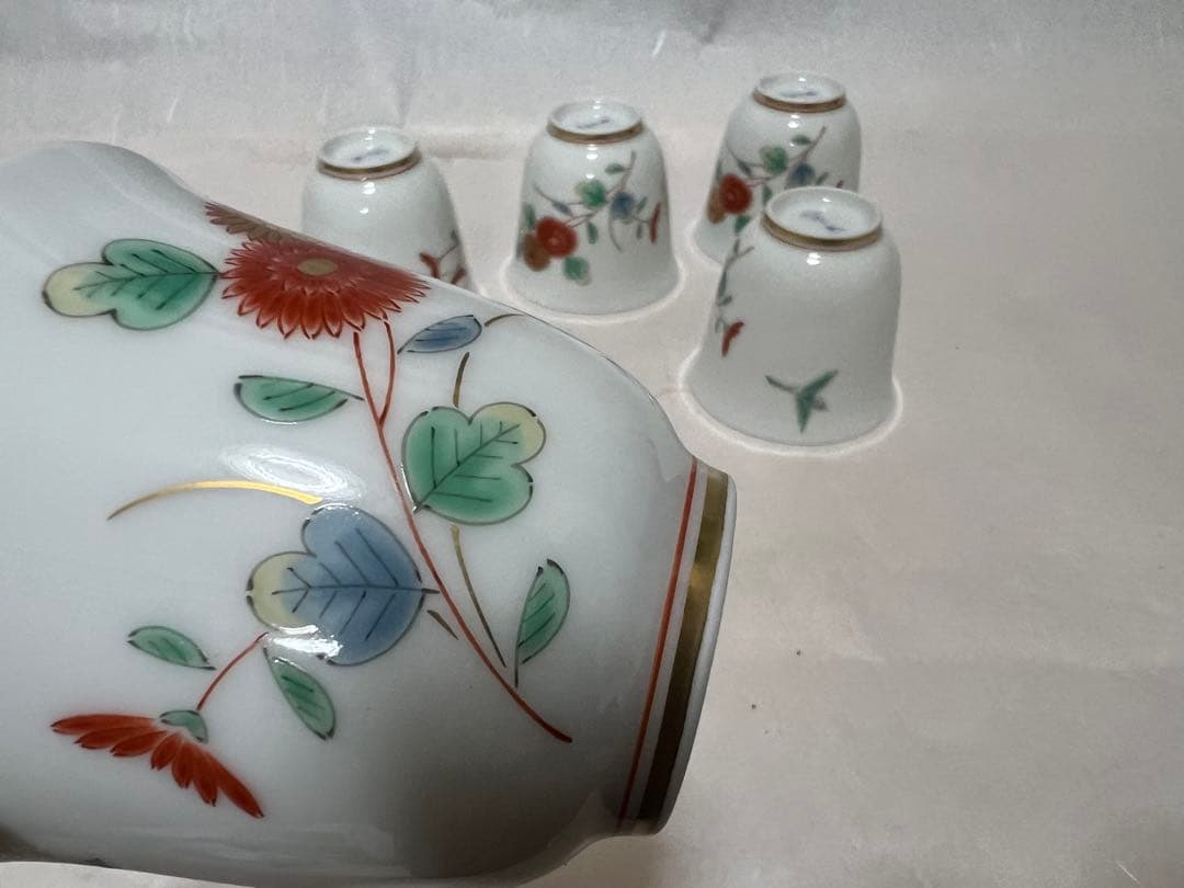 ぐい呑 菊文宮内庁用深川製菊小鳥　湯呑みセット径 7㎝×高 時代物5点木箱あり