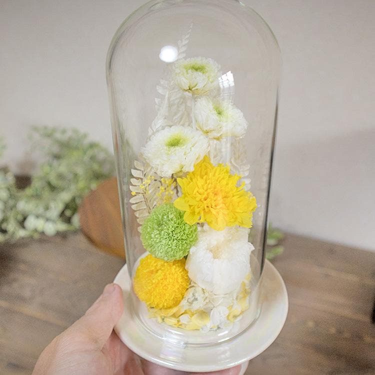 お供え用 おおきめ仏花 プリザーブドフラワーアレンジ ガラスドームで長持ち 白緑