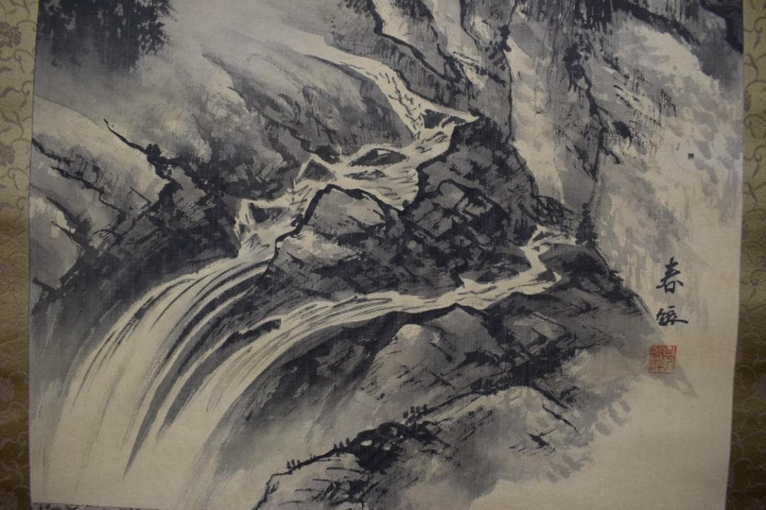 春酔/深山幽谷図/鹿図/山水渓谷/掛軸☆宝船☆Y-713　JM