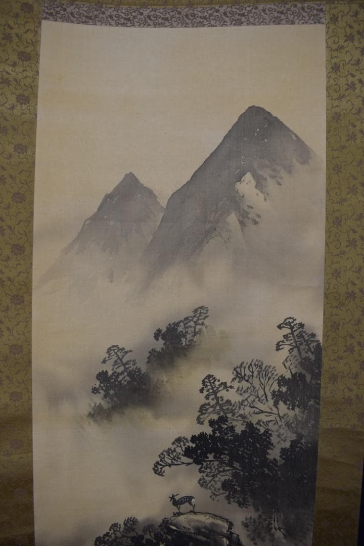 春酔/深山幽谷図/鹿図/山水渓谷/掛軸☆宝船☆Y-713　JM