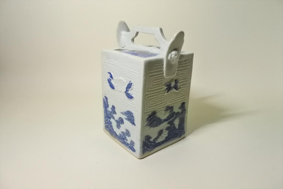 江戸後期　平戸焼　染付　辰砂　角水注　角徳利　持手付　骨董品　アンティーク　i
