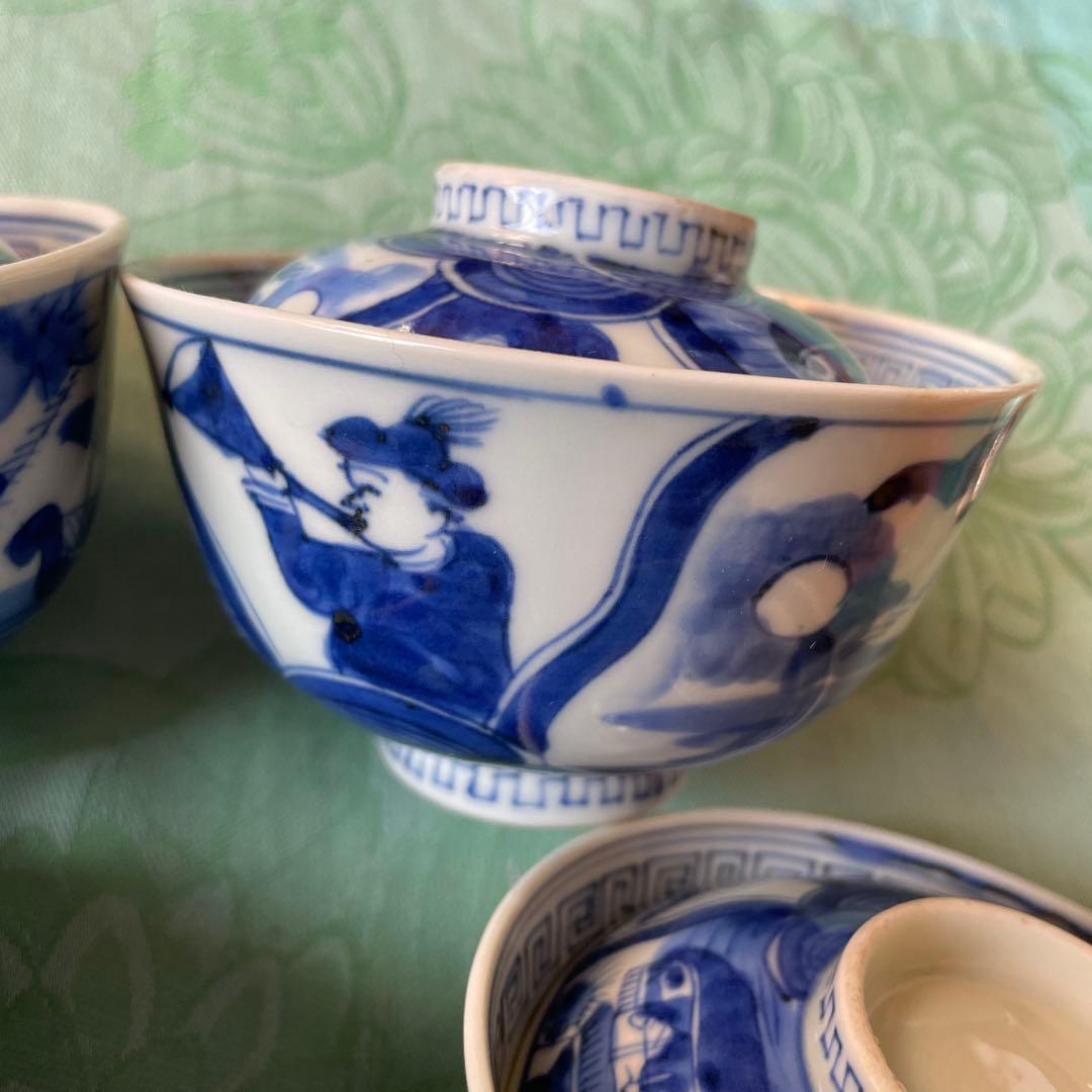 幕末明治　異人　外来船　蓋付きご飯茶碗　5客