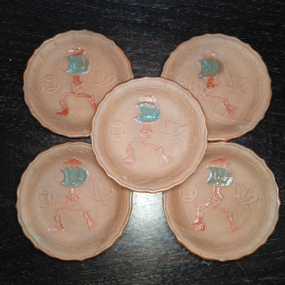 NO639 備前焼　煎餅皿　絵備前　古備前　宝尽くし文様　幕末～明治　5枚組