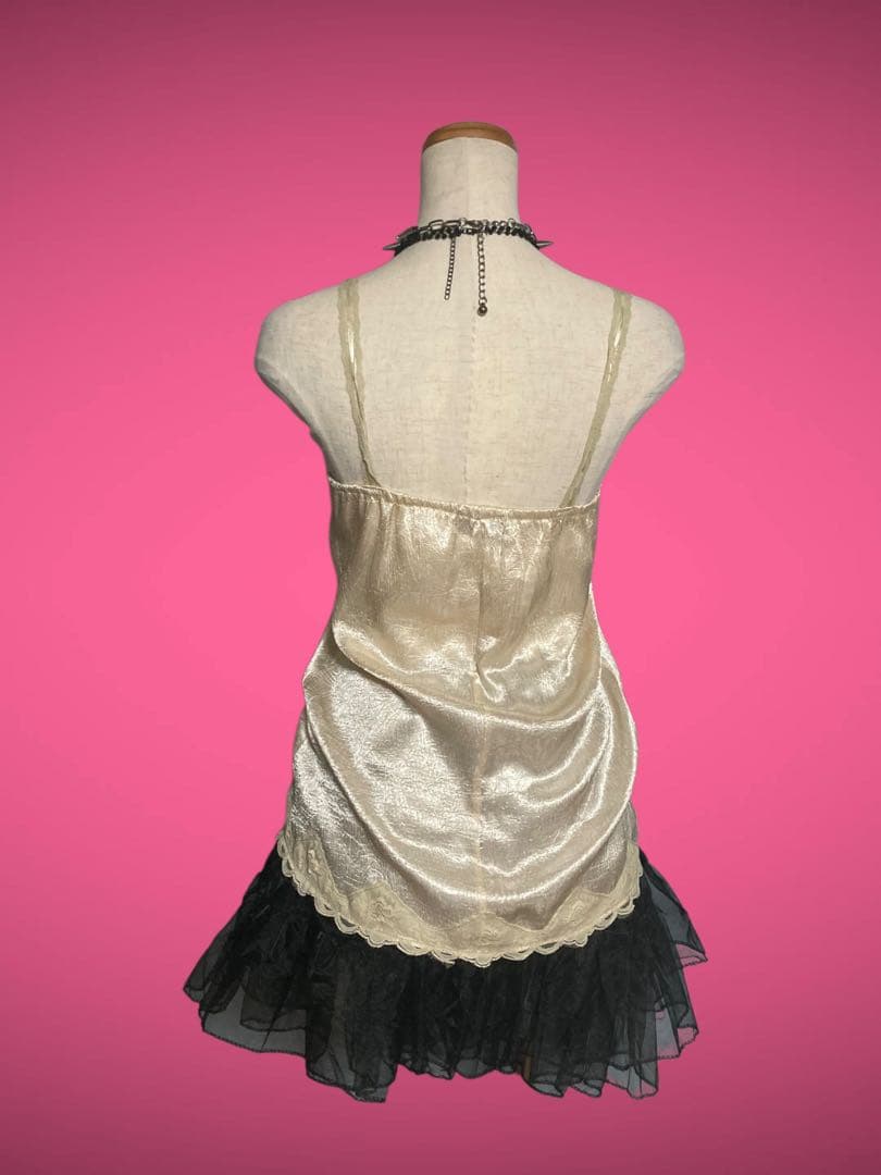 y2kビーズ刺繍キラキラ蝶々レースキャミ平成ギャル姫サテンフェアリーグランジ古着